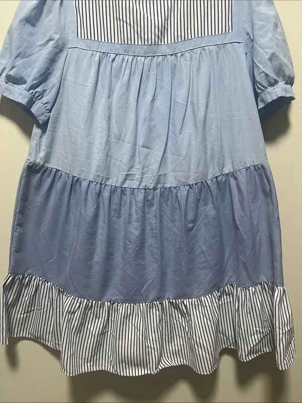 TUCKERNUCK Pomander Place Quinn Blue Striped Tiered Mini Dress, Size L - Image 5