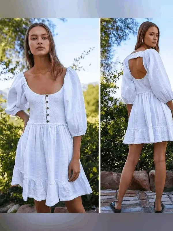 Free People Summer Picnic White Cottage Peasant Mini Dress Cotton XS - Image 9