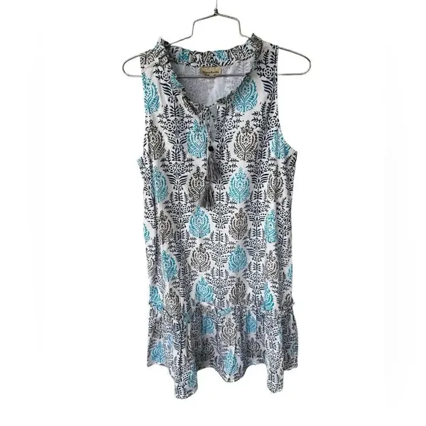 Fitzroy & Willa Sleeveless Navy & Turquoise Floral With Tassel Tie Neckline S - Image 2