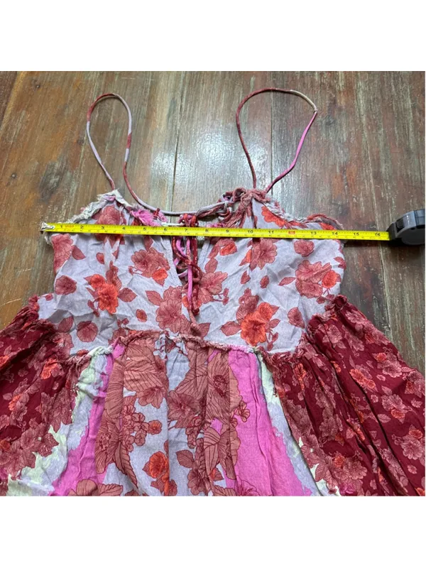 Free People Intimately Floral Patchwork Strappy Mini Dress XS Pink Red Flowy - Image 8