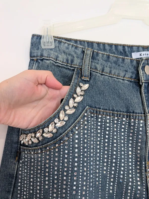 Rhinestone Embellished Wide Leg Jeans Dark Wash Bling Denim Size M - Image 9