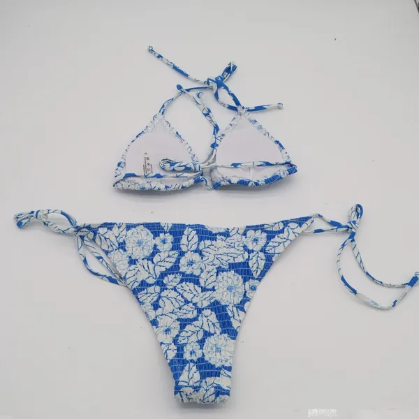 2 Piece Bikini Set Women S Blue Floral Stretch Smocked Spaghetti Straps Swimsuit - Image 4