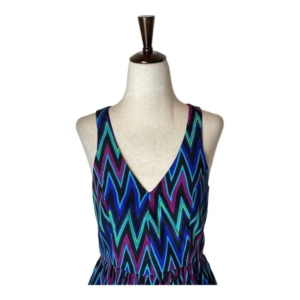 Amanda Uprichard Blue Chevron Print Silk‎ Sleeveless Fit And Flare Mini Dress XS - Image 3