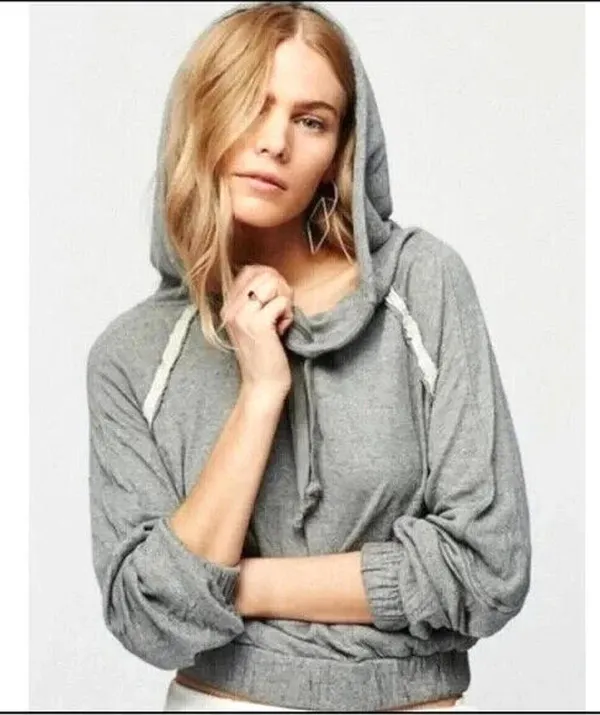 Free People Womens Medium Kimmie Hoodie Gray Cropped Long Sleeve - Image 4