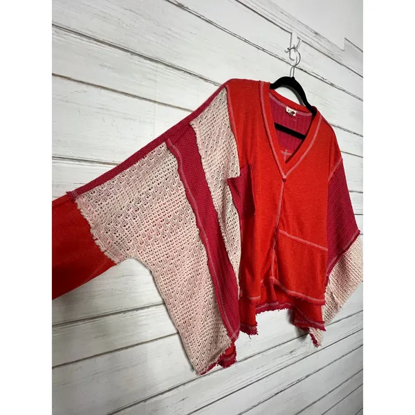 POL Patchwork Thermal Top Small Oversized Cropped Raw Hem Colorblock Boho - Image 9