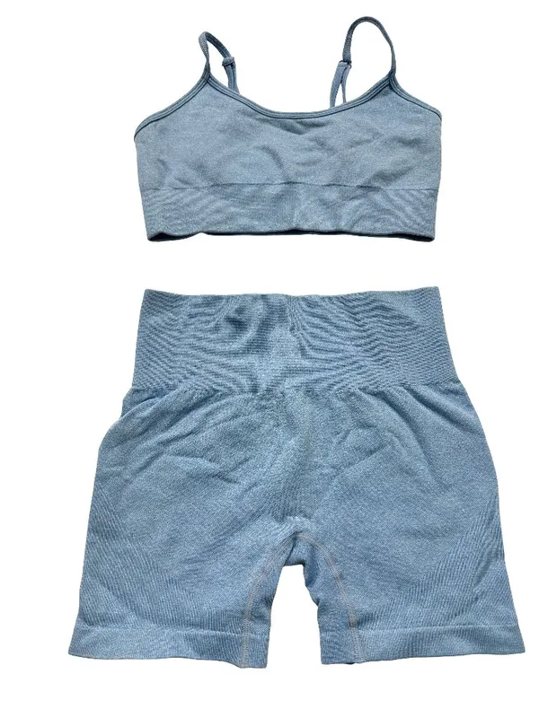 Amazon Brand 2 Piece Blue Ribbed Seamless Bra Set Activewear Crop Small Women's - Image 2