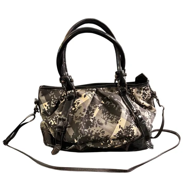 Floral Plaid Check Satchel Bag‎ Black White Patent Trim Purse Tote Crossbody - Image 2