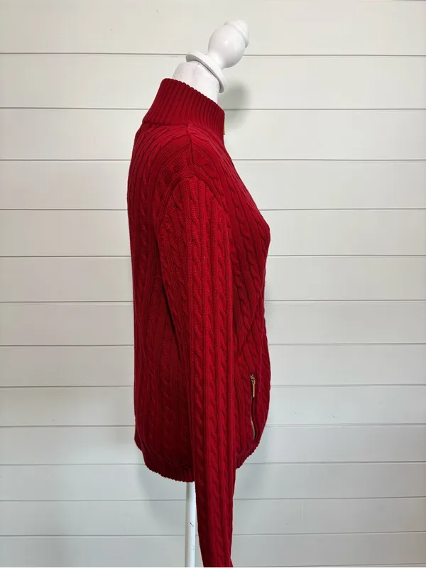 Ralph Lauren Y2K Red Cable-Knit Cotton Zip Cardigan with Gold Accents size L - Image 3