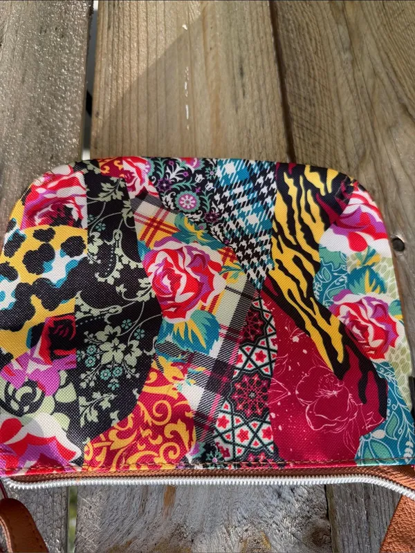 Lilly bloom Colorful Patchwork Crossbody Bag with Brown Trim - Image 3