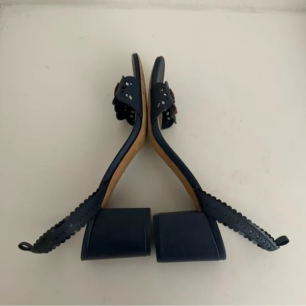 TORY BURCH Marguerite Perforated Floral Navy Blue Slingback Block Heel Sandal 10 - Image 10