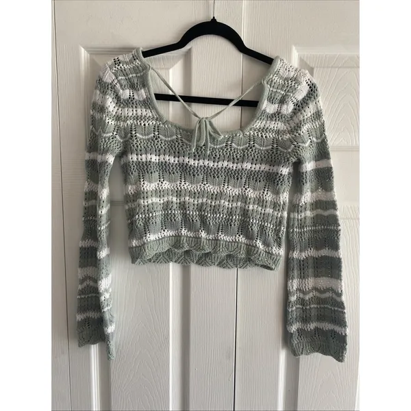 Aqua‎ Blues Pointelle Knit Striped Crop Sweater Womens Size M Sage Green Cotton - Image 5