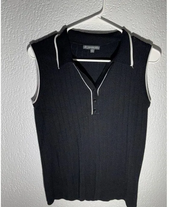 Adrianna Papell Black Ribbed Knit Sleeveless Polo Top Size M - Image 4