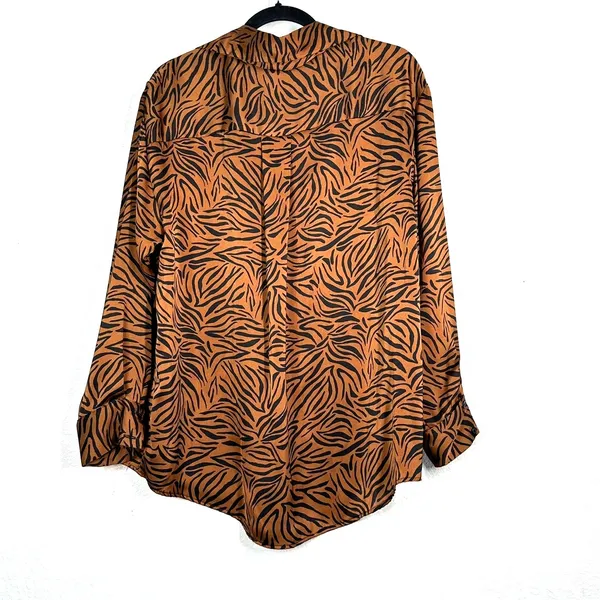 L Zara Women's Brown Tiger/Animal Print Stripes Button-Up Shirt Top Satin - Image 2