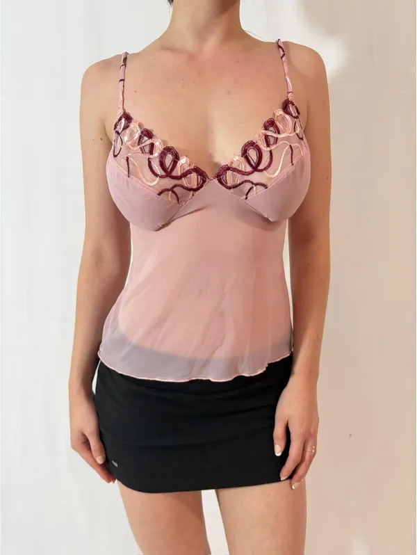 Sheer Angelic Pink Bow Embroidered Fairy Cami - Image 2