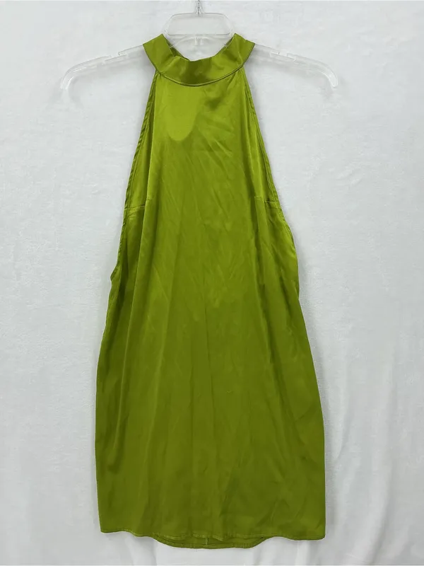 97% silk High-Neck Olive Green Satin Mini Dress 1211 - Image 2