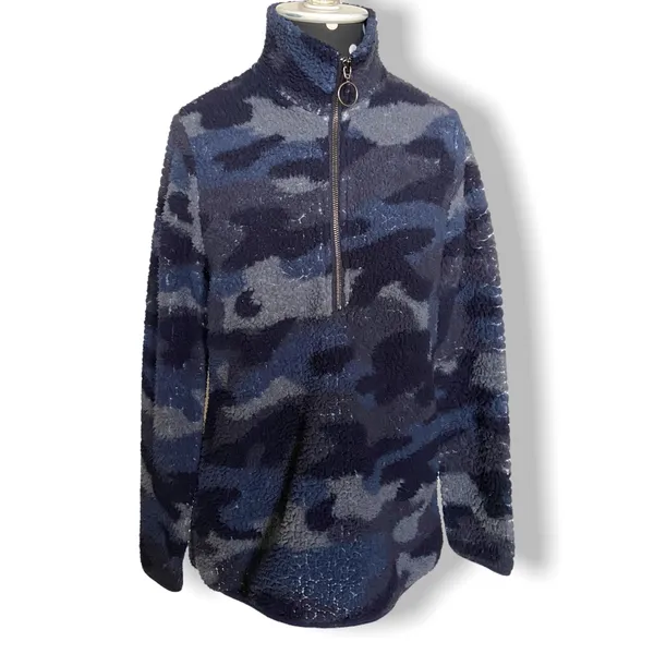 Como Womens Juniors Pullover‎ Sz Small Blue Fleece Sherpa Teddy Camo Quarter Zip - Image 3