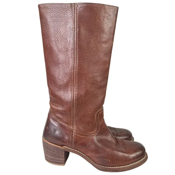 Vintage Frye Campus 14L Tall Boots Pebbled Leather Cognac Brown‎ Women's 9.5M - Image 3