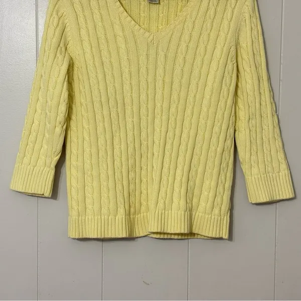 L.L.Bean Cable Knit Sweater Yellow Cotton V Neck 3/4 Sleeve Womens M - Image 3