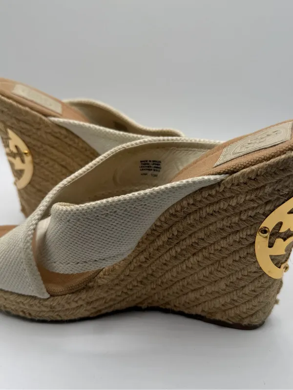 Tory Burch Kristen Espadrille Wedge Sandals Cream Canvas Gold Logo Women’s 10 - Image 7