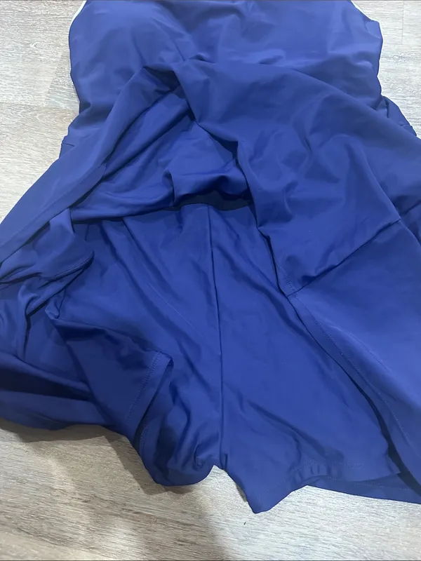 Navy Blue Swim Dress with White Trim - Image 2