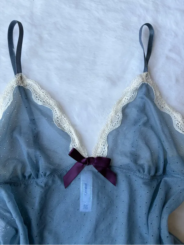 Y2K Blue Lace Bow Cami Sheer Polka Dot Coquette Lingerie Tank Top - Image 2