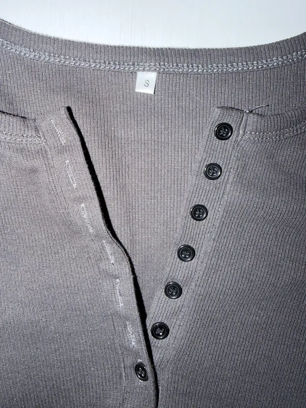 Espresso Brown Ribbed Knit Henley Top Long Sleeve Slim Fit Size Small - Image 4