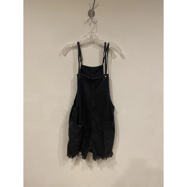 Aerie Overalls Womens Large Black Denim Fringe Hem Pockets Casual Mini - Image 2