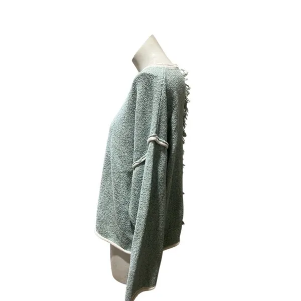 Womens Sweater Size M Sage Green Textured Knit Boat Neck Fringe Long - Image 5