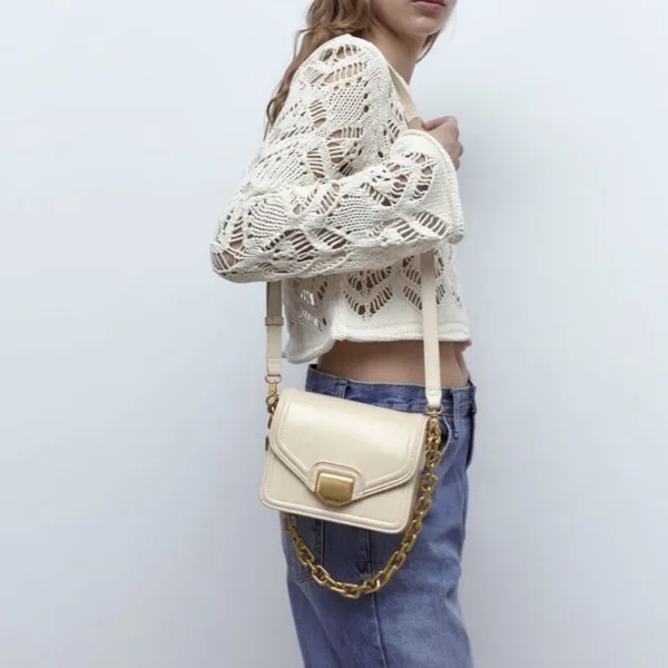ZARA Cream Crossbody Bag with Gold Chain Detail Gently Used Quiet Luxury - Image 2