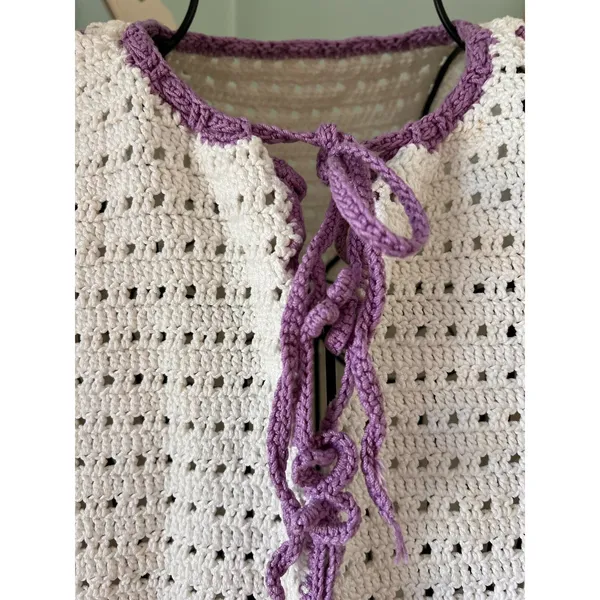 Handmade Crochet Cardigan Womens Medium Cream Purple‎ Bows Tie Front Long Slv - Image 2