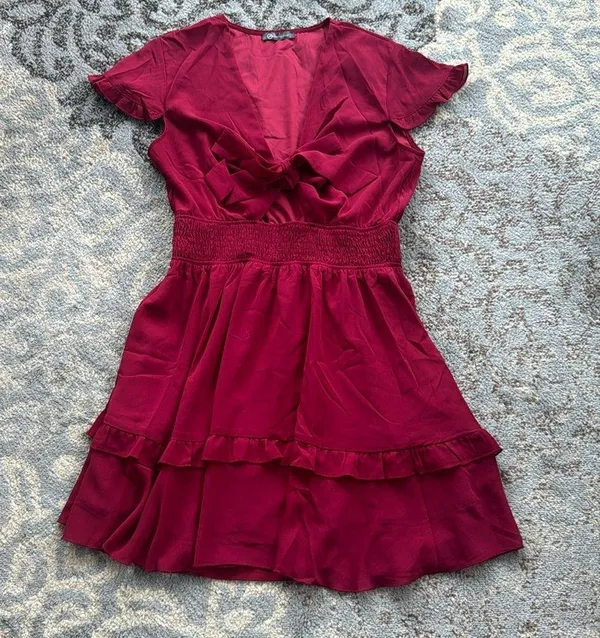 Pretty Garden Tie Front Ruffle Dress Maroon Large - Image 2
