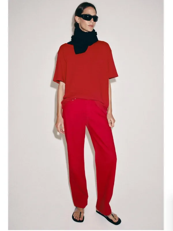 NWT ZARA ZW COLLECTION MID-RISE STRAIGHT LEG JEANS Red US -10 - Image 2