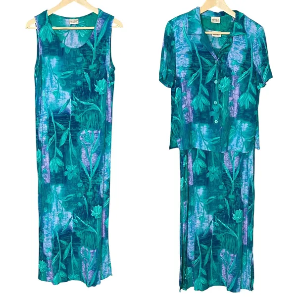 Two Piece Dress Blouse Floral Crinkle Fabric Sleeveless Shift Summer Casual - Image 2