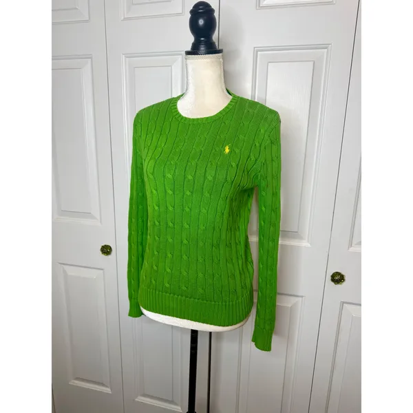POLO RALPH LAUREN Women's S Crew Neck Cable Knit Cotton Sweater Lime Green Flaw - Image 6