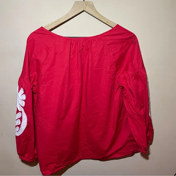 J. Crew Red Peasant Blouse with White Tassel Ties - Image 2