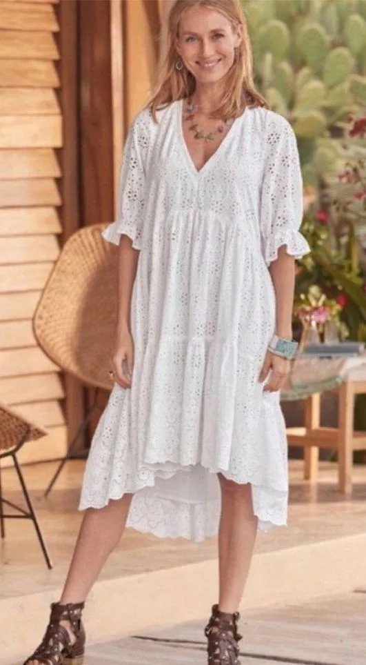 Sundance Jasmine White Eyelet midi Dress tiered asymmetric M petite - Image 2