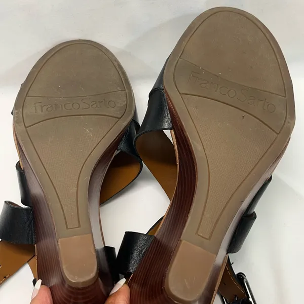 Franco Sarto Black Leather‎ Strapy Wedge Sandal 3.5” Heel 6.5 Like New Worn X1 - Image 8