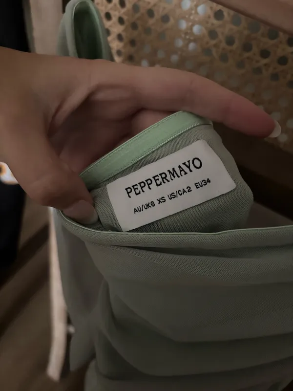 Peppermayo Off-Shoulder Sage Green Ruched Mesh Top - Image 3
