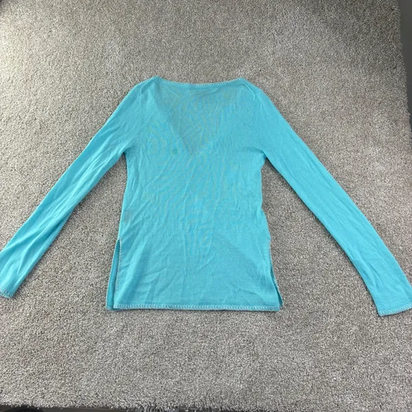 Bohemian‎ Turquoise Cashmere Sweater Spit V Neck Whipstitch Trim Women M Coastal - Image 7