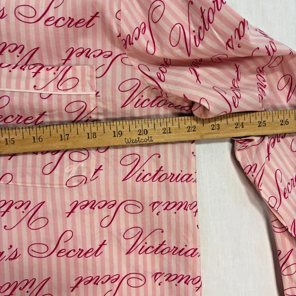 Victoria's Secret Spellout Button Up Striped Sleep‎ Shirt Women's Size M Pink - Image 5