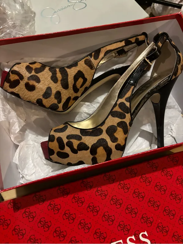 Guess Leopard Print Peep-Toe Slingback Heels with Red Accent - Image 2
