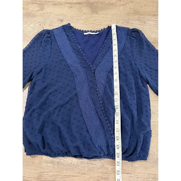 Mi Ami Navy Blue Swiss‎ Dot Lace Trim Faux Wrap Long Sleeve Blouse Medium - Image 7