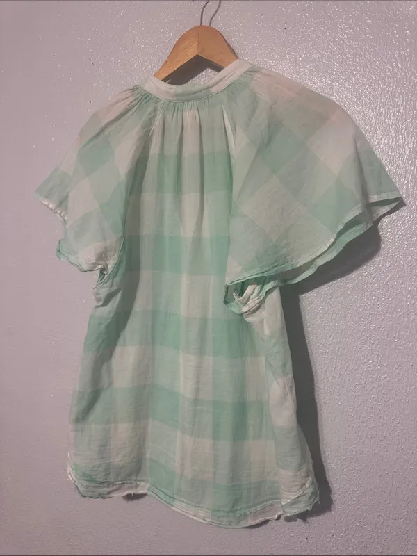 Anthropologie Maeve Gingham Flutter Top Mint Green White Size S - Image 5