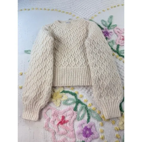West of Melrose‎ Cream Cable Knit Balloon Sleeve Sweater Ivory XS Honeycomb - Image 3