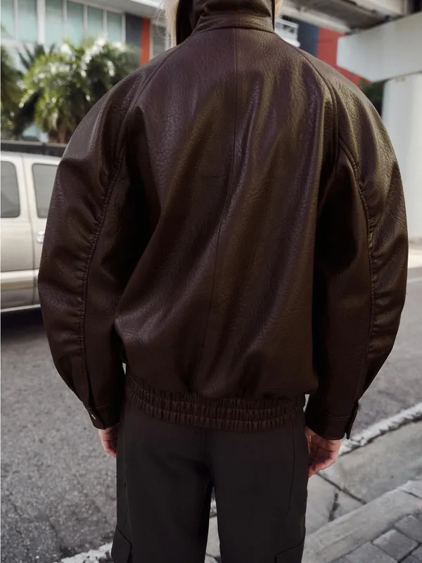 Zara Dark Brown Oversized Faux-Leather Bomber Jacket - Image 2