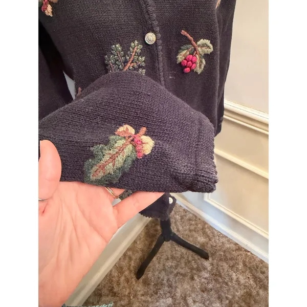 Vintage Stitches in Time Embroidered Autumn Cardigan Sweater Black Knit Large - Image 2