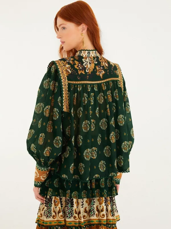 Farm Rio Green Tayla Lace Buttoned Puff Sleeve Blouse S - Image 5