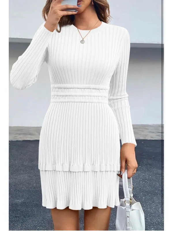 NEW Long Sleeve Sweater Dress Ribbed Knit Crewneck A Line L - Image 7
