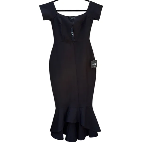 NWT Lulus How Much I Care Off-The-Shoulder Fishtail Midi Dress Black Size Small - Image 5
