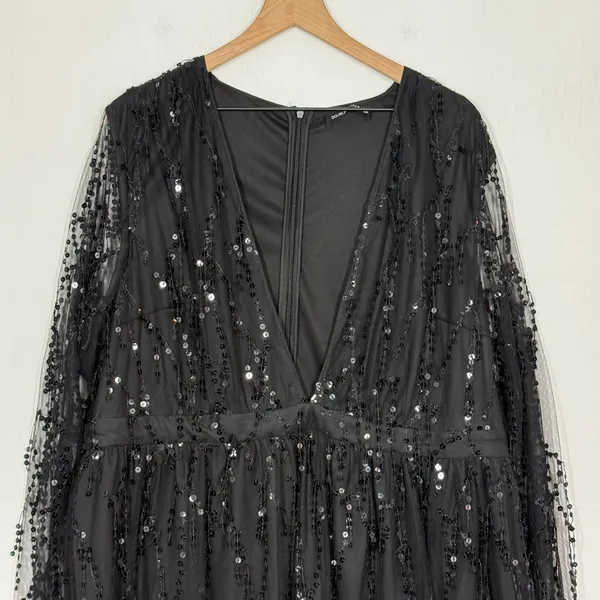 Double Crazy Sequin Mini Dress Plus Size 4XL Black Deep V-Neck Party Club Fringe - Image 3